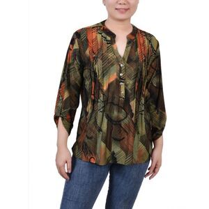 NY Collection Petite 3/4 Roll Tab Sleeve Y Neck Top